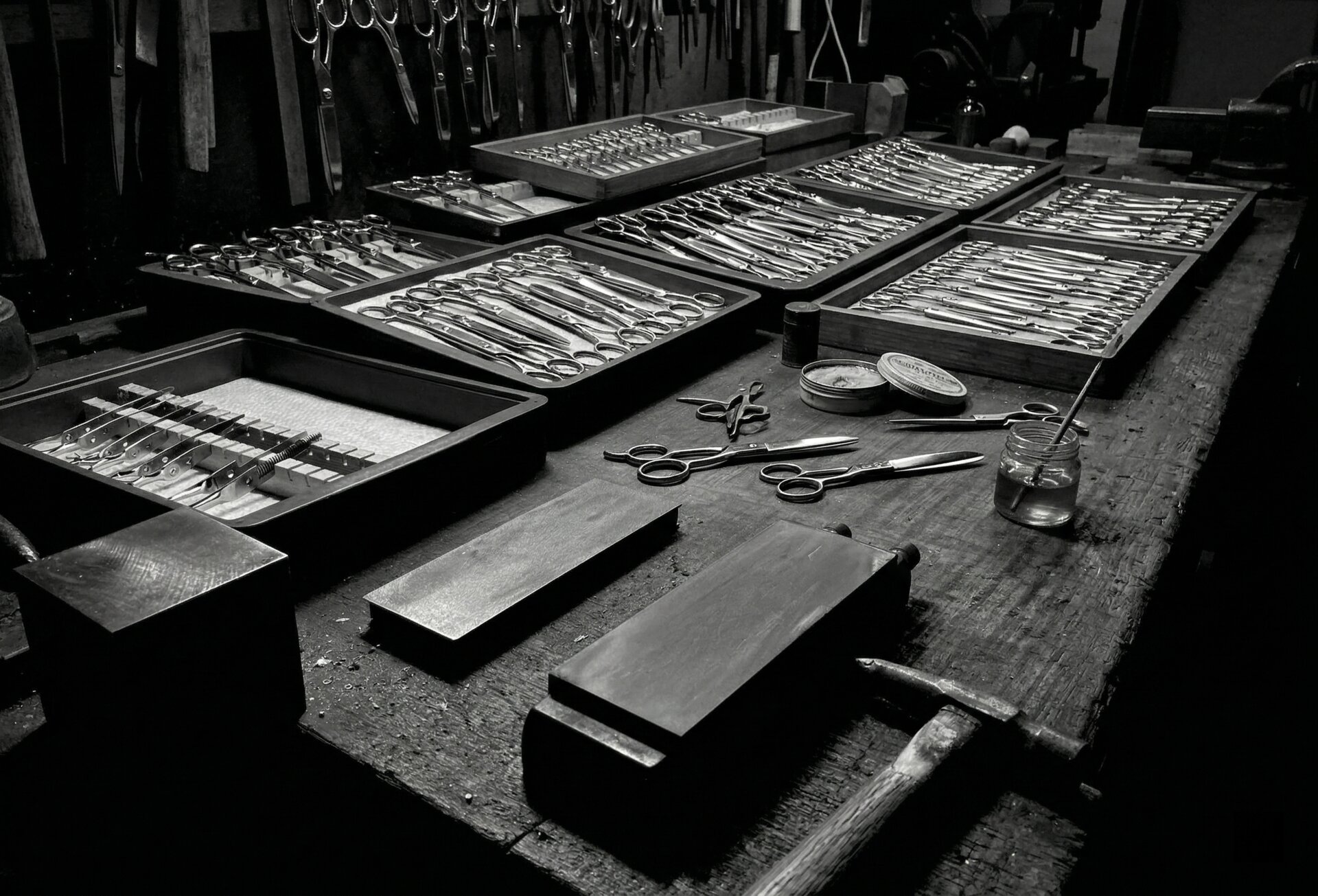Japanese scissors manufacturing workshop with organized wooden trays of scissors and artisan tools