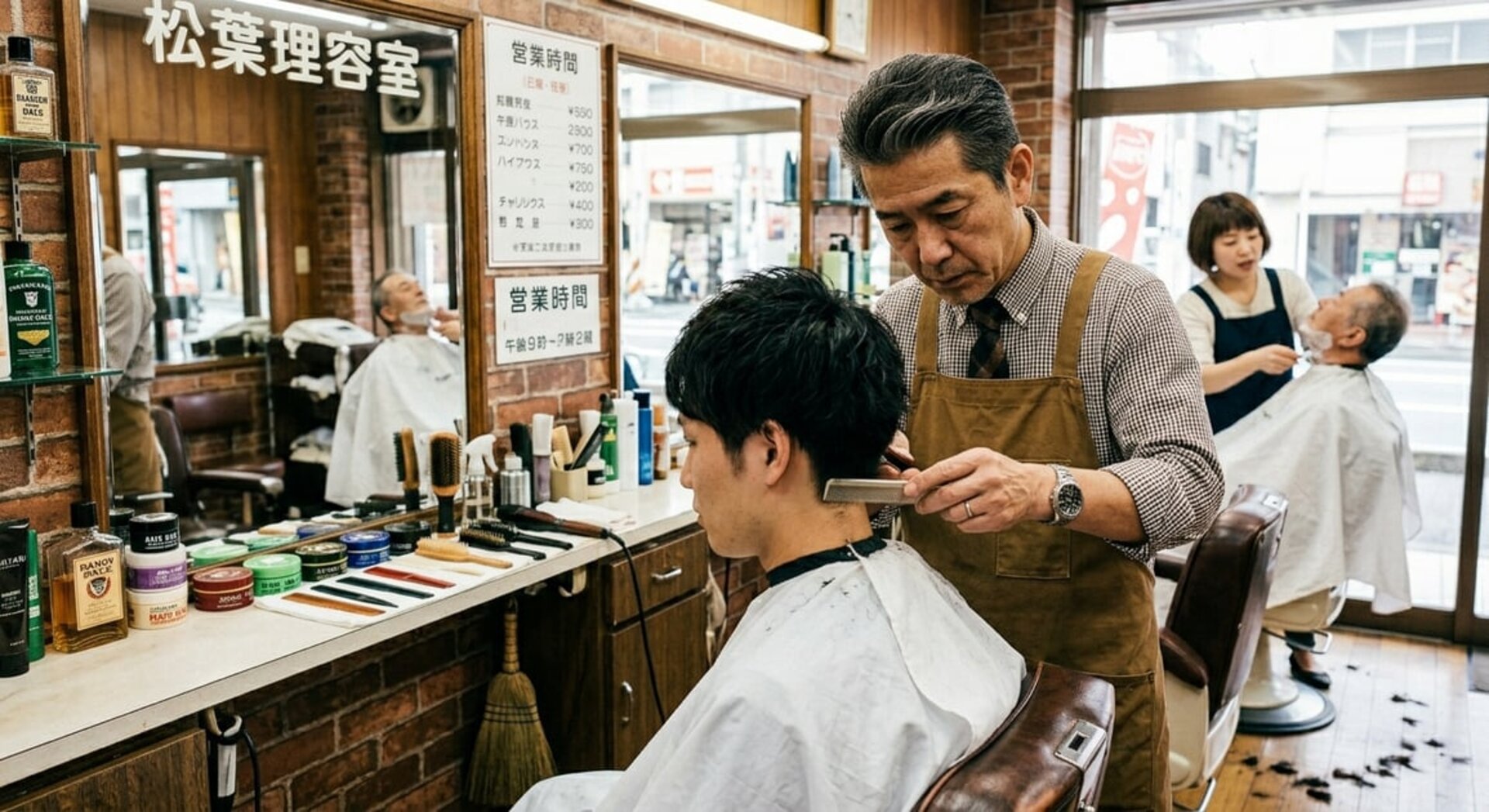 Traditional Japanese barber shop storefront with elderly craftsman and young customer