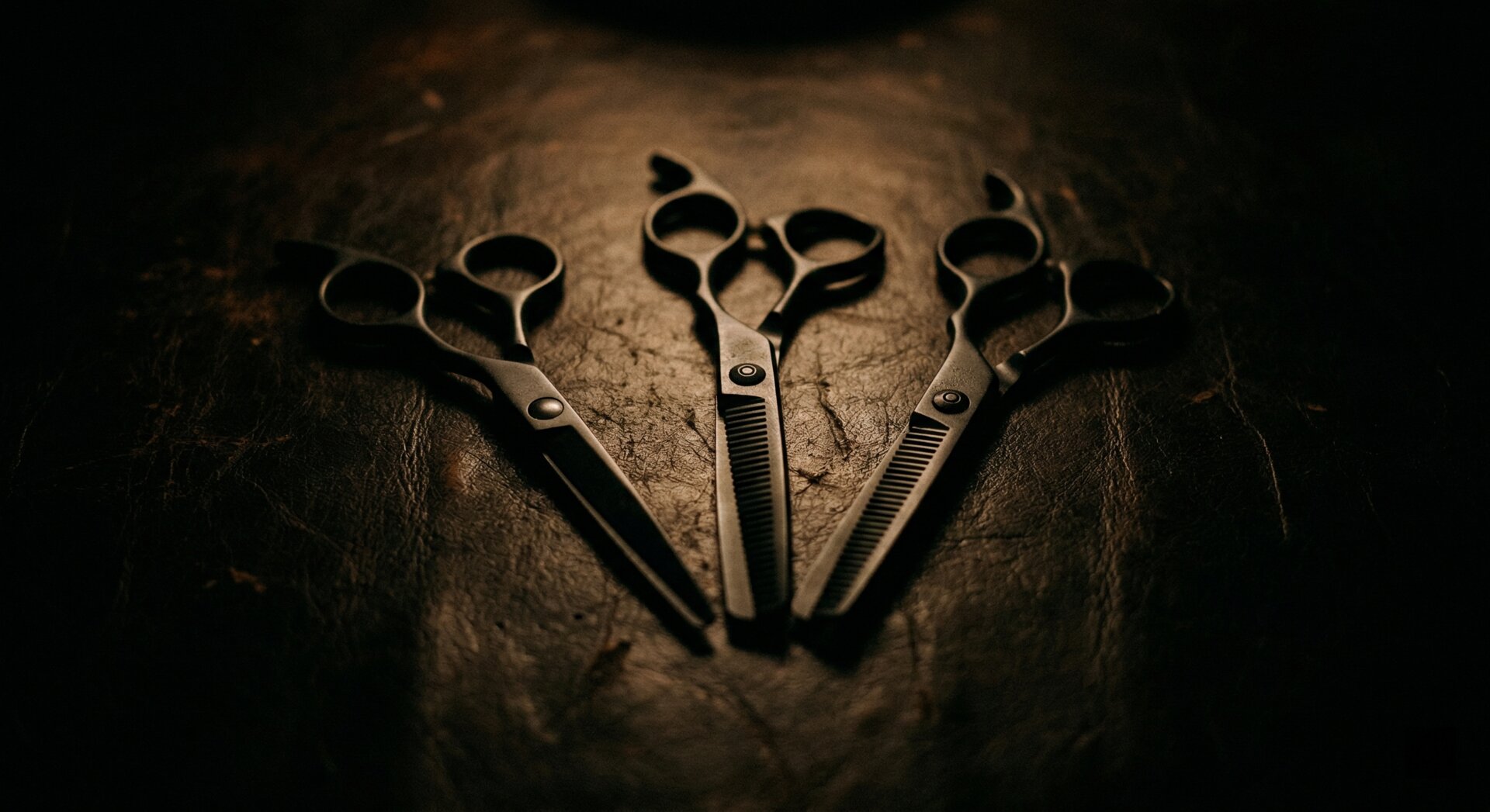 Professional salon scissors arranged in radial fan pattern showing metallic silver and gold finishes