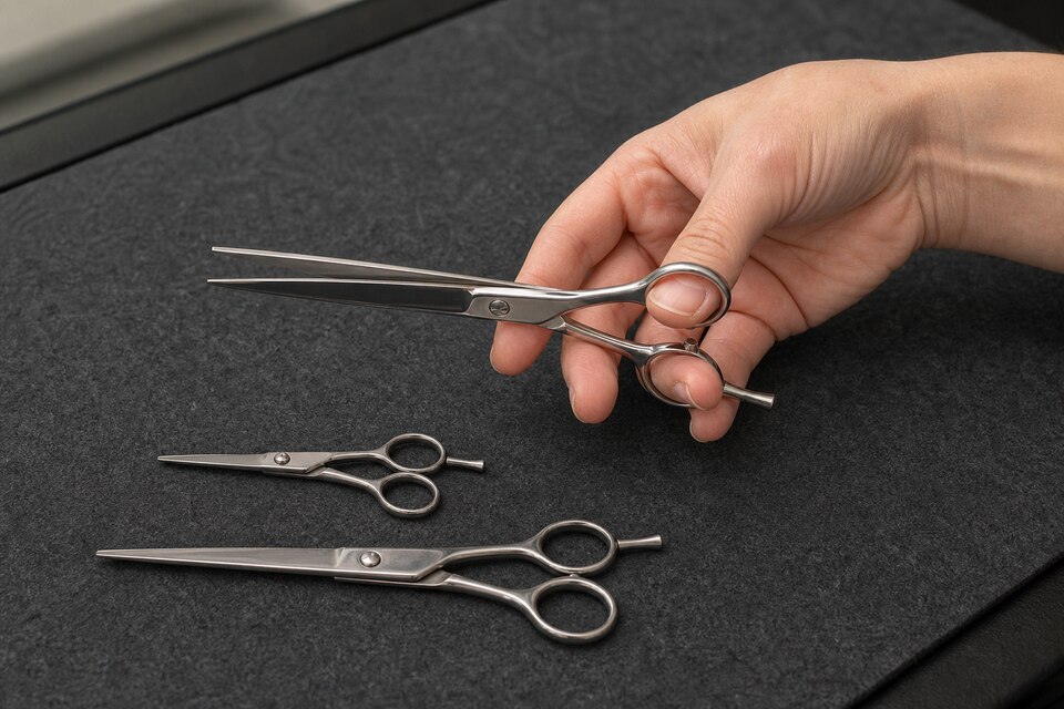 A stylist checks how a generic offset hair shear sits in their hand at a neutral salon workstation, with two closed alternatives on a felt mat.