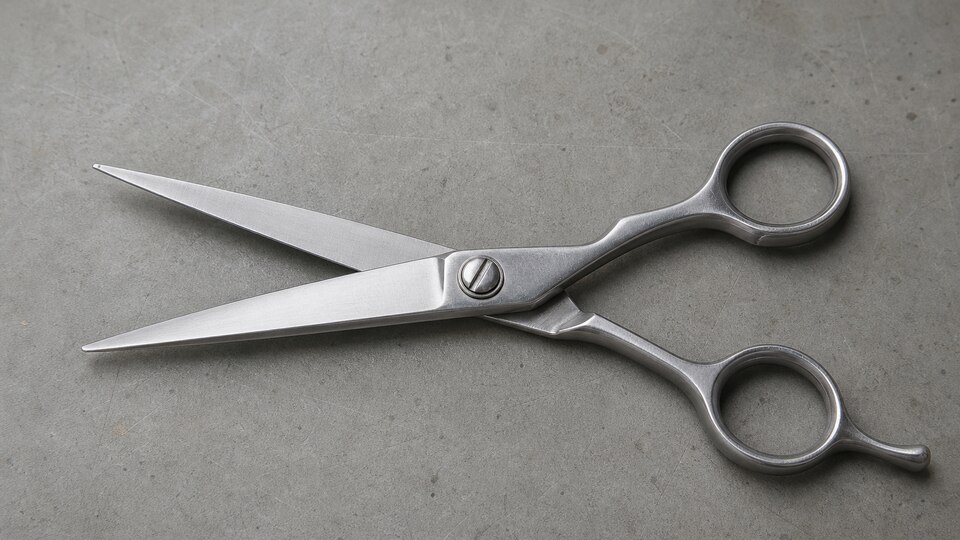 A complete unbranded offset hair shear rests partly open on a cool neutral work surface under soft raking light.