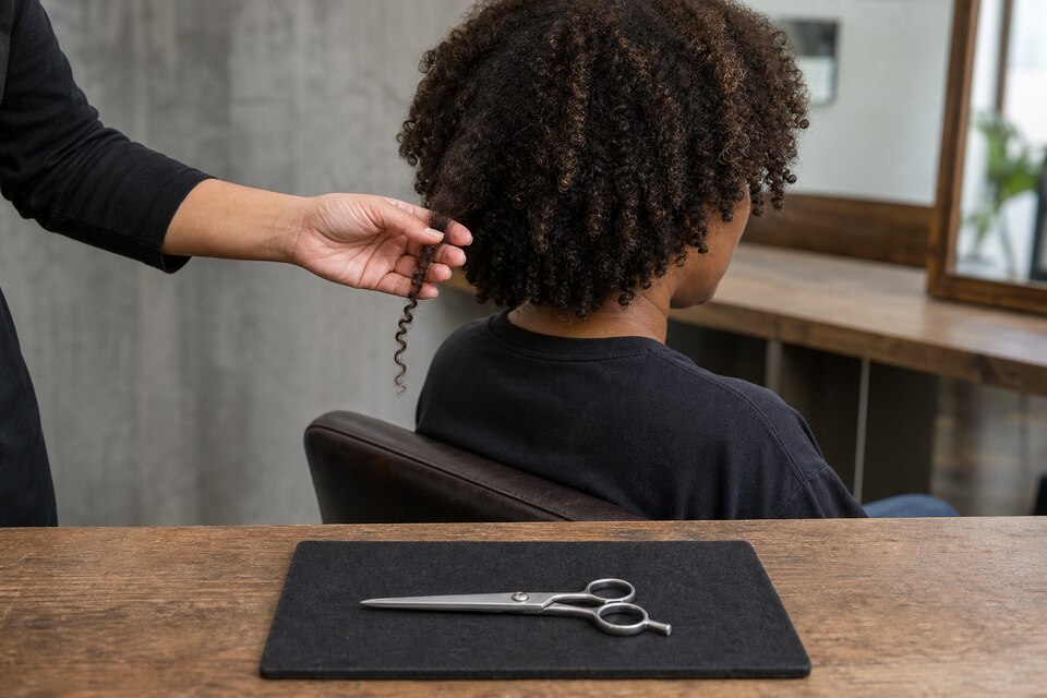A stylist gently isolates one naturally resting curl during a dry texture assessment while a fully closed generic hair shear rests separately on the workstation.