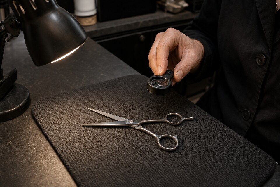 A stylist pauses work to inspect a stationary generic hair shear on a padded mat with a loupe held above the tool.