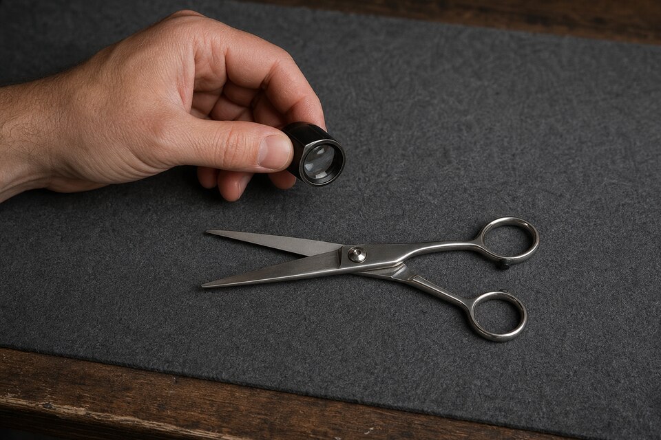 A professional examines one generic subtly used hair shear under neutral light with a handheld loupe above the tool.