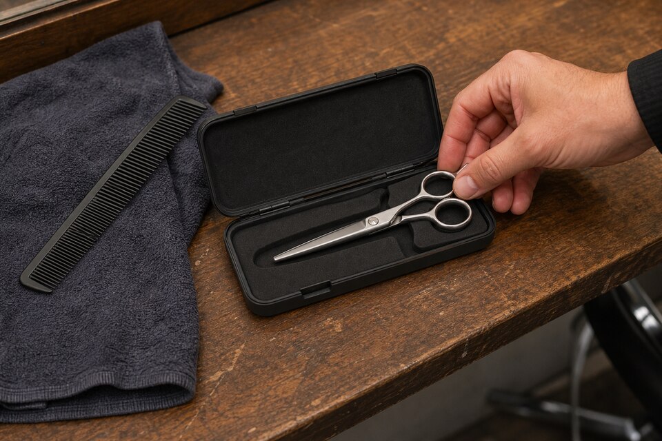 A working stylist places one fully closed generic hair shear into a fitted padded case at the end of the day.
