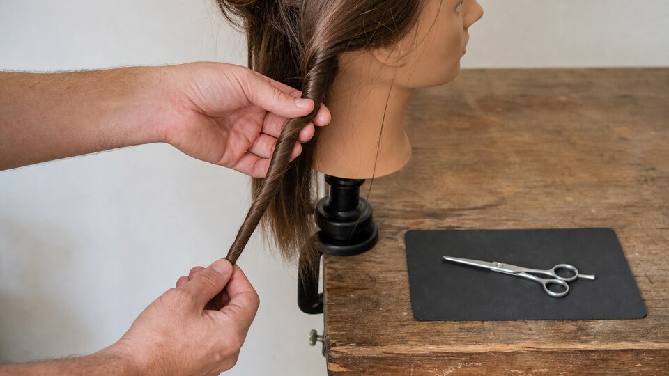 Two hands form one continuous twisted section on a secured mannequin head while a fully closed generic hair shear rests separately on a workstation mat.