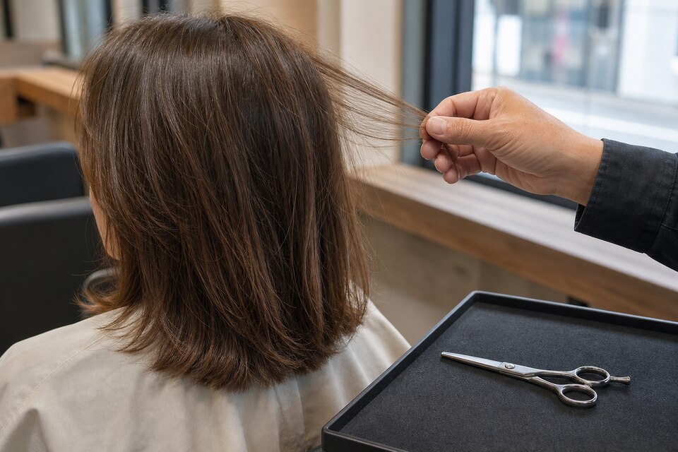 A stylist lifts a narrow naturally fine hair section over a neutral cape while a fully closed generic shear rests separately on the workstation.