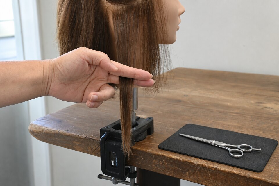 A learner holds a clean mannequin hair section between two fingers while a fully closed generic shear rests separately on a dark mat.