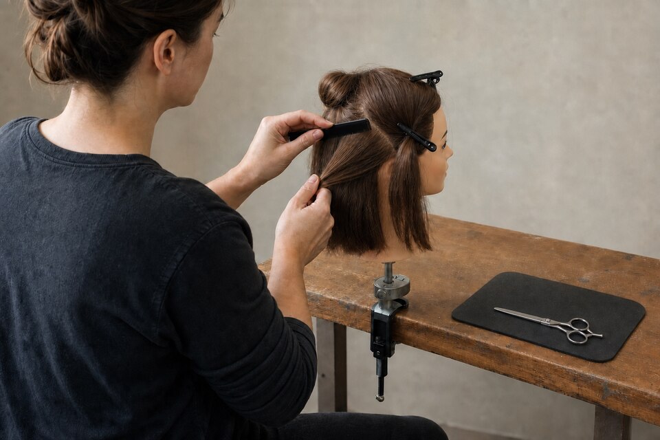 An adult learner practises clean hair sectioning on a secured mannequin in a small generic training studio with a closed shear staged on the workstation.