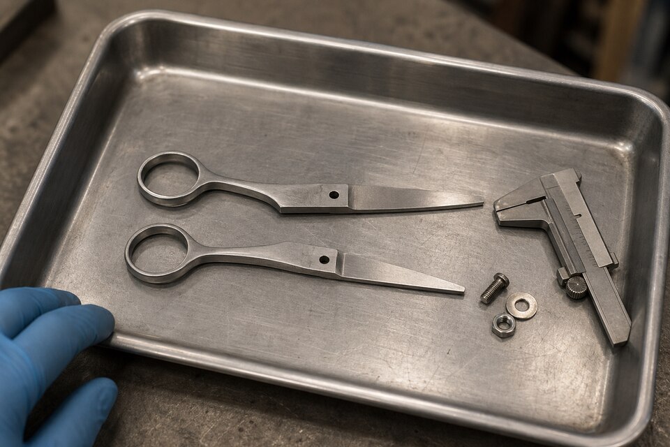 Two matched unfinished generic hair-shear halves and separate pivot hardware rest on a metal inspection tray beside a gloved technician's hand.