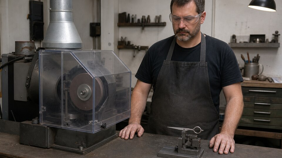 An eye-protected operator stands at a generic guarded finishing workstation with one detached shear-blade half secured in a fixture and hands clear of the machine.