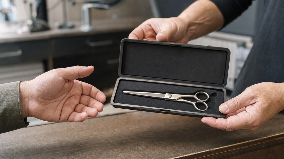 Two adults' hands meet at an unbranded service counter around an open protective case holding a closed generic hair shear.
