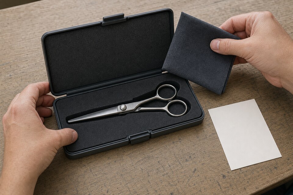 A closed generic hair shear sits in a fitted unbranded hard case while hands steady the case and hold a plain protective insert beside a blank card.