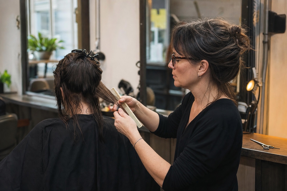Generert redaksjonelt fotografi: en erfaren stylist planlegger en presis hårseksjon ved et salongspeil før en klipp.