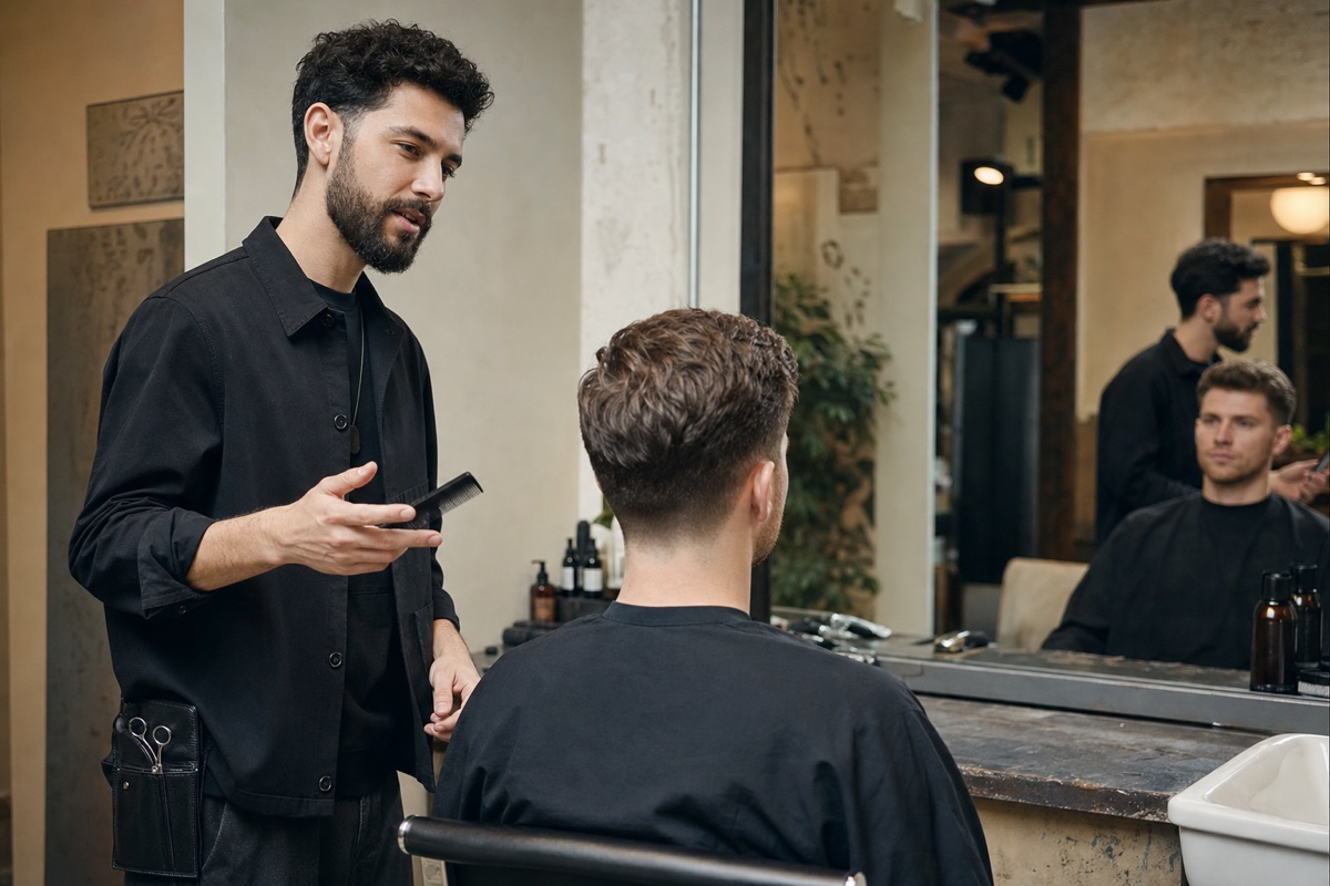 Redaksjonelt fotografi: en barberer diskuterer en ferdig klipp med en sittende klient ved speilet mens han holder en svart kam og oppbevarer en lukket saks trygt i et hoftehylster.