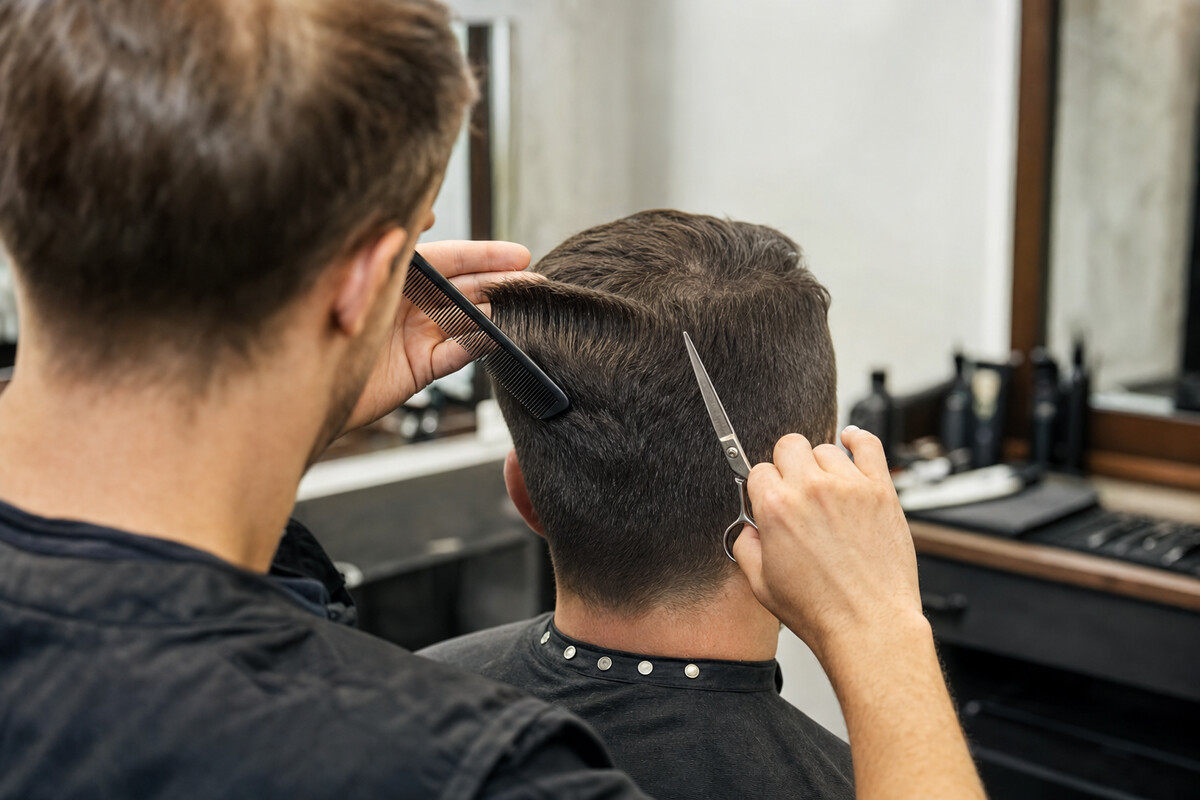 Generiertes redaktionelles Foto: Ein Friseur beurteilt einen Kurzhaarschnitt über einem Kamm, während er eine markenlose Schneideschere vom Haar fernhält.