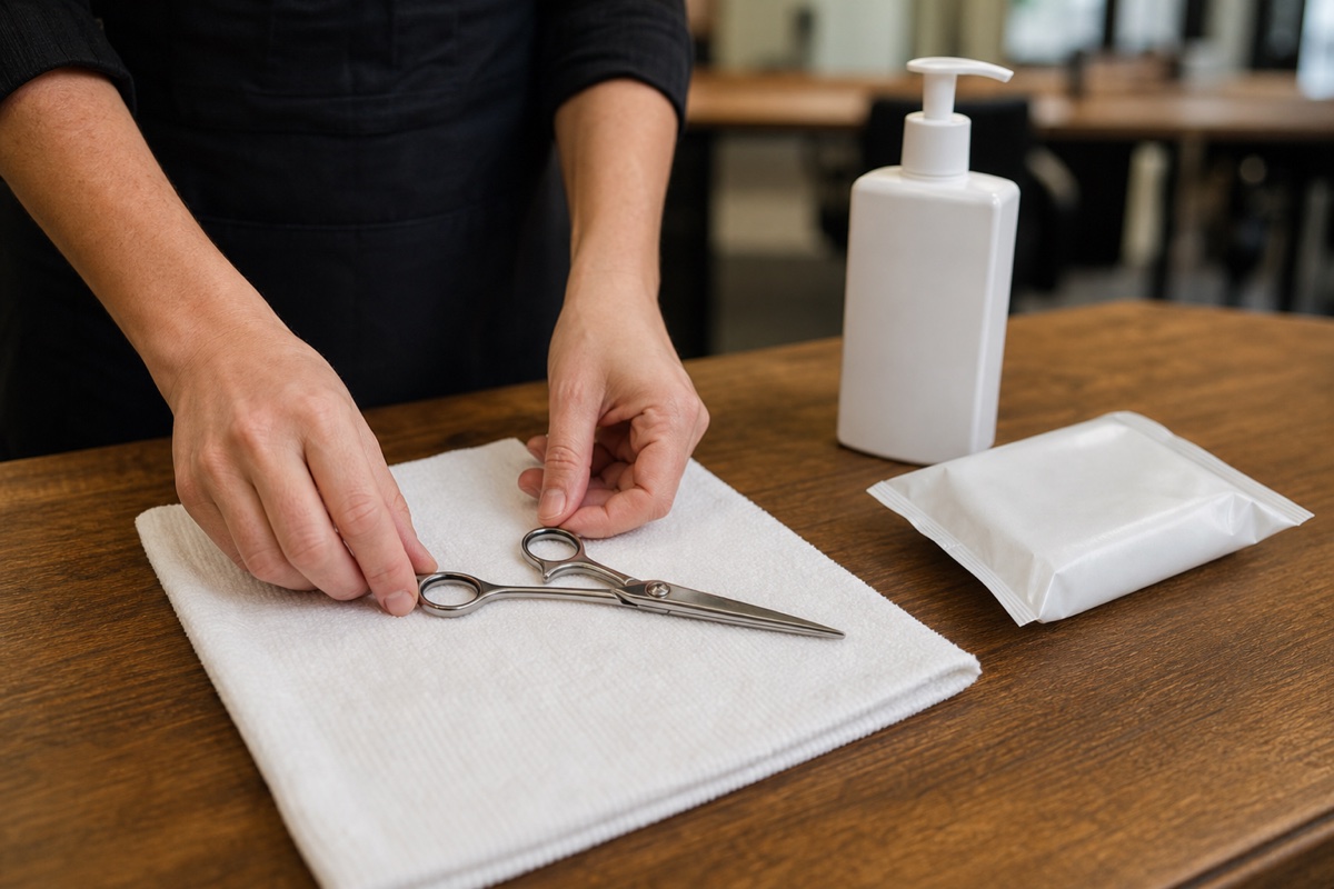Generated editorial photograph: a salon professional places one closed cutting shear on a clean white cloth beside an unlabelled pump bottle and wipe packet.