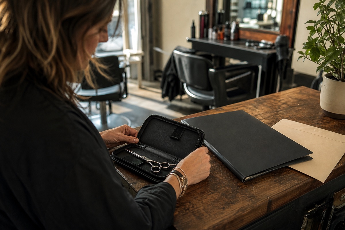 Generated editorial photograph: a salon professional organizes a protected shear with a blank service folder at a salon desk.