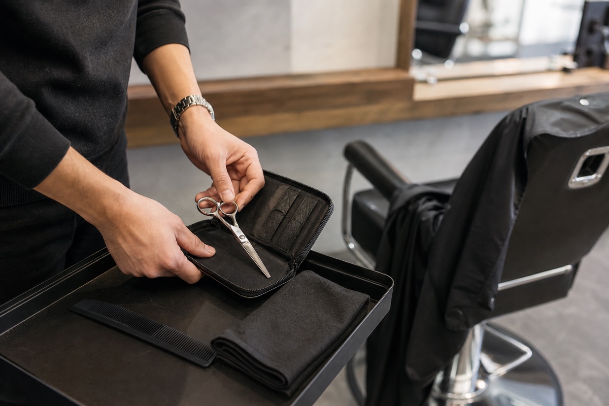 Generert redaksjonelt fotografi: en stylist plasserer en lukket klippesaks i et rent, polstret etui på et nøytralt brett ved siden av en svart kam og en brettet klut på en klientklar salongstasjon.
