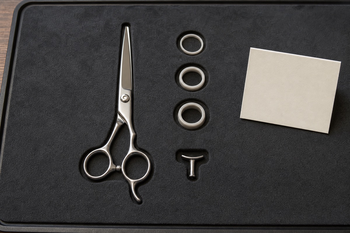 Generated editorial photograph: an unbranded closed cutting shear lies on a charcoal fitting mat beside three neutral ring inserts and a separate finger-rest component in shallow recesses.