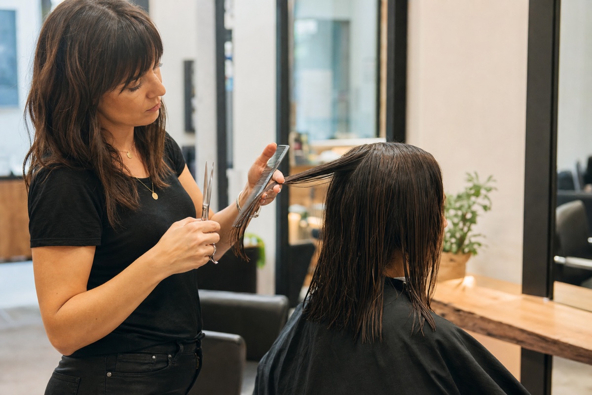 Generated editorial photograph: a stylist prepares a hair section with a comb before an ordinary salon cut.