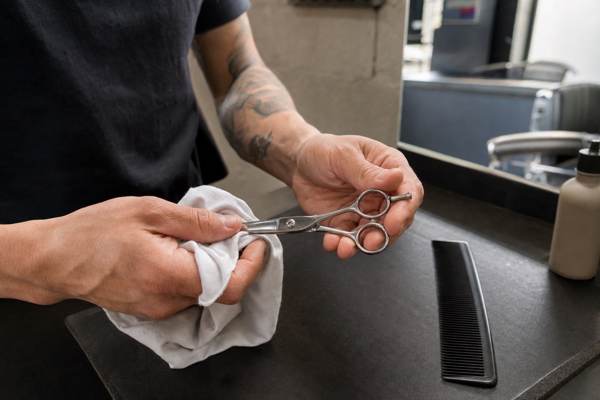 Generated editorial photograph: natural hands hold one closed cutting shear beside a lint-free cloth, black comb, and unlabelled bottle at a genuinely used barber station.