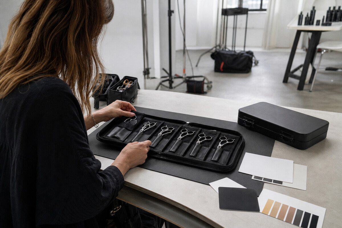 Generert redaksjonelt fotografi: en stylist forbereder en beskyttet rull med lukkede, umerkede sakser, et hardt etui og blanke kontinuitetskort ved et arbeidsbord i studio.