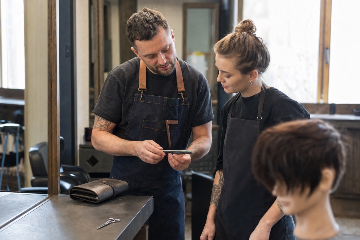 Generated editorial photograph: an adult hair educator gives one-to-one practical guidance to a trainee at a salon station.