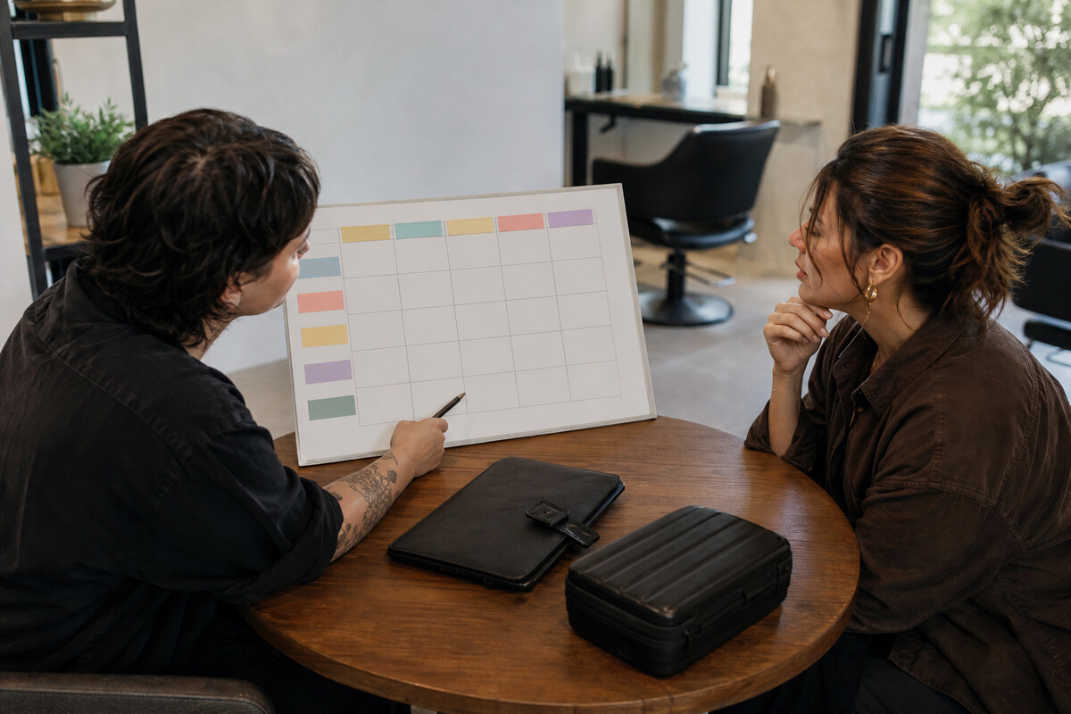 Generated editorial photograph: two adult salon professionals review a blank coloured-block planning board and notes folder beside a closed hard case in a quiet salon meeting area.