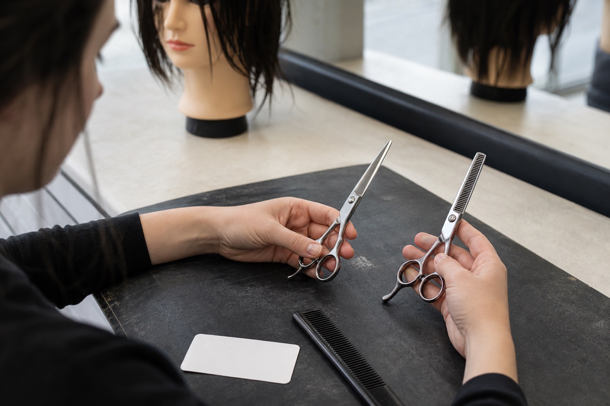 Generated editorial photograph: a student stylist compares one closed cutting shear and one closed thinning shear beside a black comb and blank fitting card at a training bench.