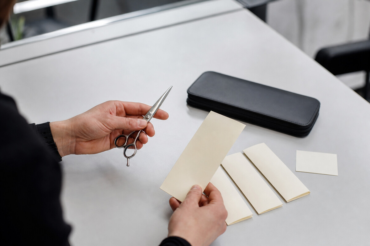 Generert redaksjonelt fotografi: en voksen profesjonell sammenligner en lukket, umerket saks med separate, blanke konvolutter med produsentregistrering, et vanlig produktkort og et beskyttelsesetui.