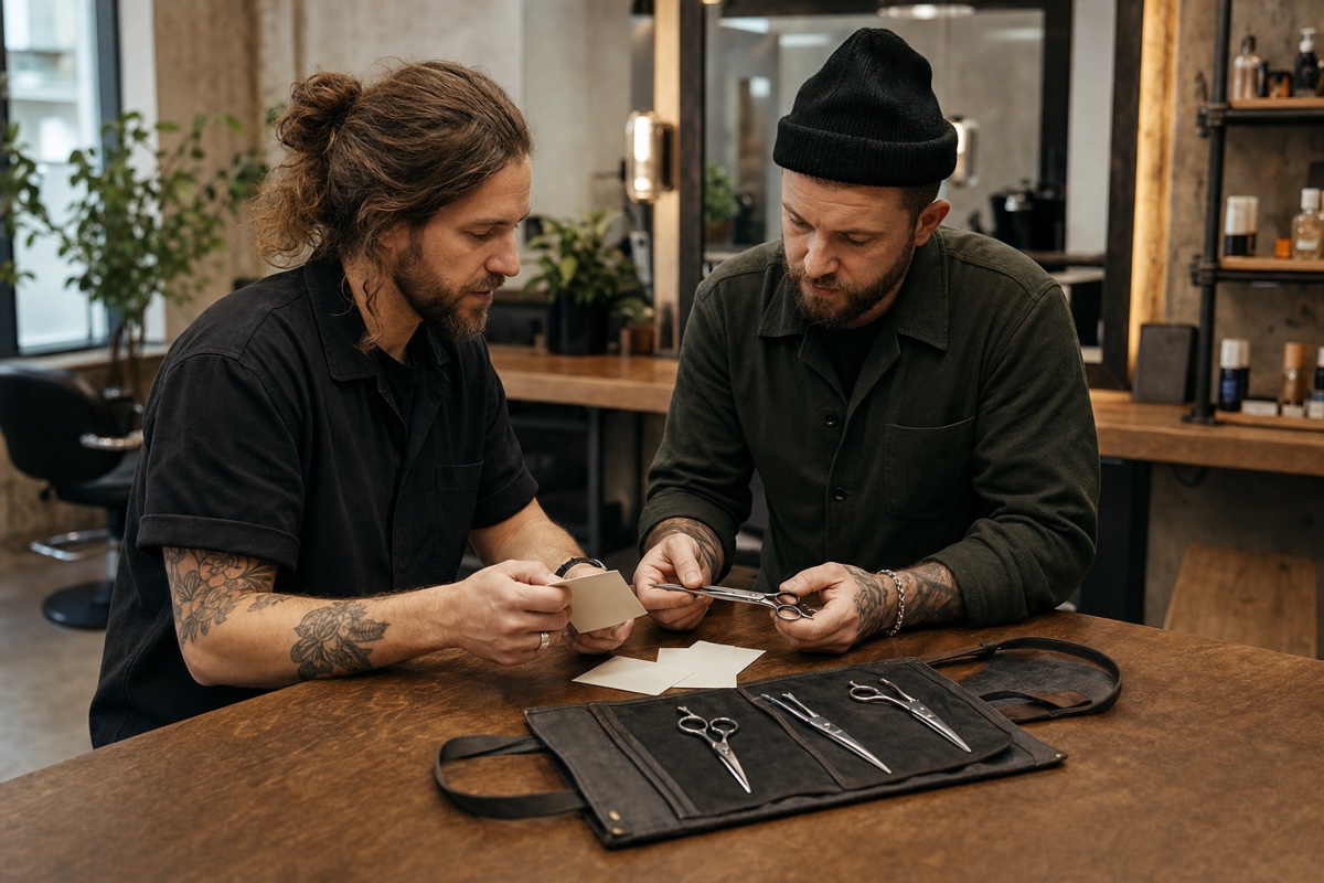 Generated editorial photograph: a stylist and barber compare closed unbranded shears at a salon consultation bench.