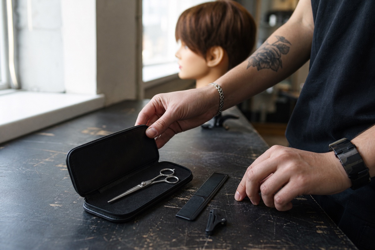 Generert redaksjonelt fotografi: en styliststudent organiserer en beskyttet lukket saks, kam, klipp og utstillingsdukke ved et slitt arbeidsbord i en treningssalong.
