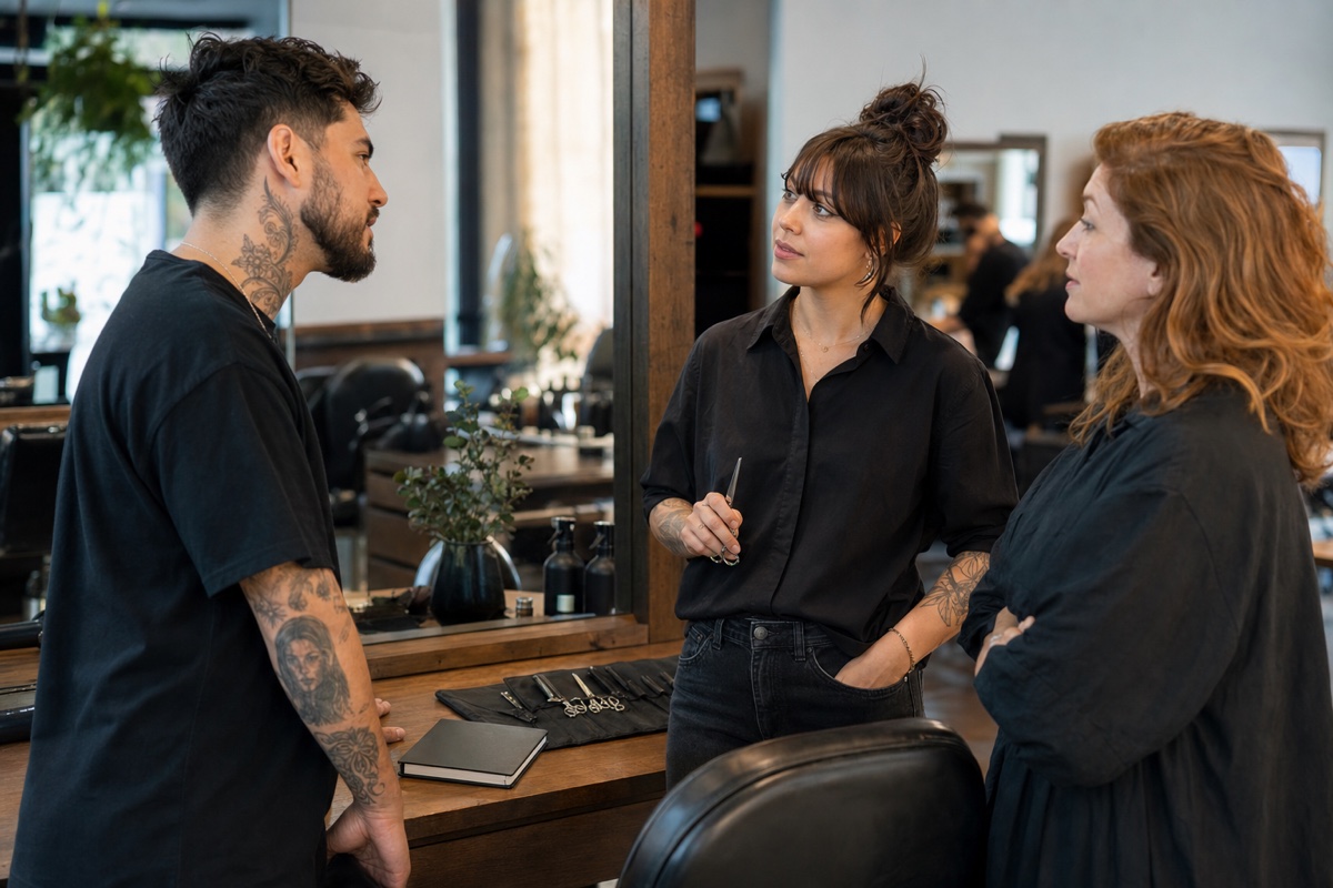 Generated editorial photograph: a barber, stylist, and educator share a brief peer discussion at a working salon station.