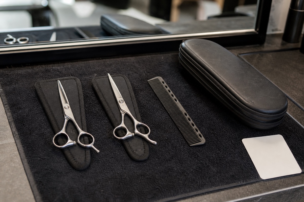 Generated editorial photograph: two unbranded closed cutting shears rest in separate padded sleeves beside a black comb, protective case, and blank turnover card at a salon station.