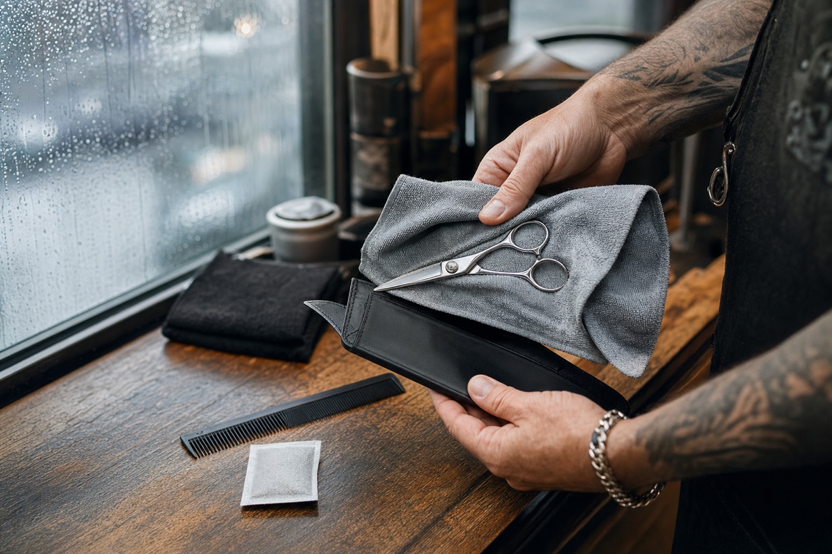 Generated editorial photograph: a barber dries one closed cutting shear with a microfiber cloth before placing it into an unbranded protective sleeve beside a rain-streaked window.