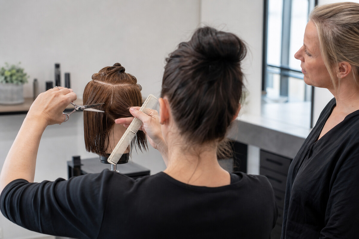Generert redaksjonelt fotografi: en venstrehendt stylist holder en klippesaks i venstre hånd og en kam i høyre mens en voksenpedagog observerer en øvelse for utstillingsdukke.