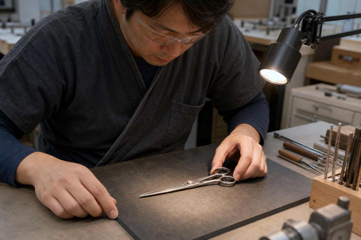 Generated editorial photograph: an anonymous precision technician visually examines one closed cutting shear under a task light on a neutral hand-finishing workshop bench.