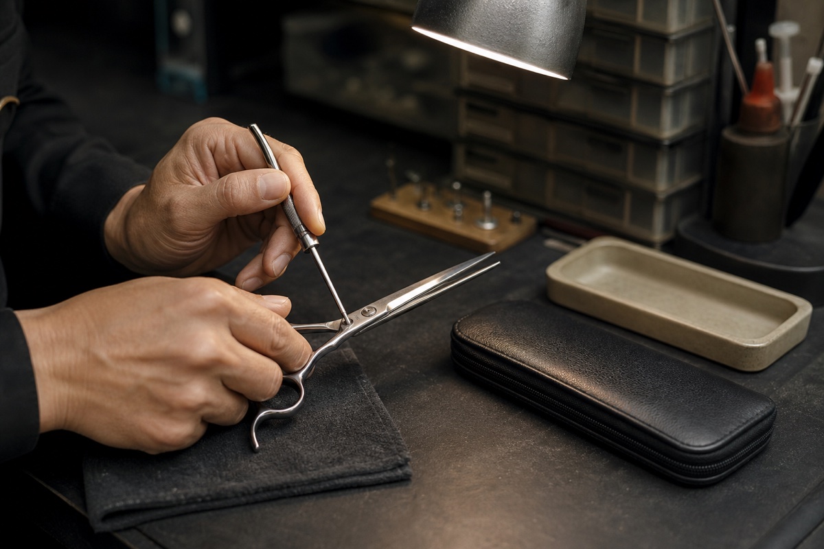 A technician checks the tension on a professional cutting shear at a service bench.