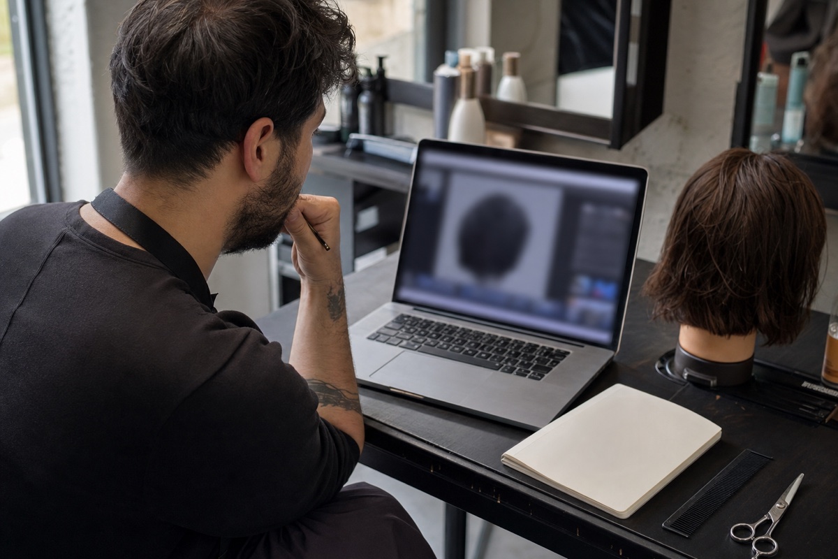 Generated editorial photograph: a working stylist evaluates a blurred laptop lesson beside a mannequin, closed shear, black comb, and blank notebook at a salon training station.