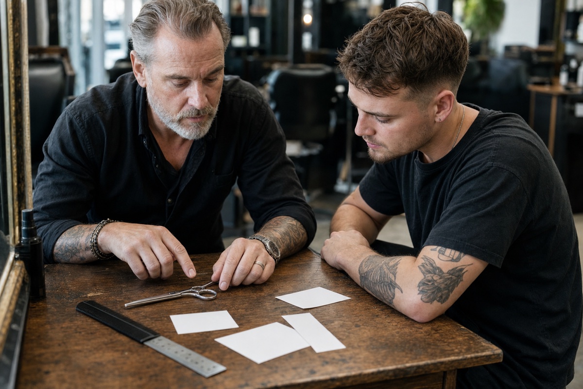 Generert redaksjonelt fotografi: en seniorstylist og en juniorbarberer diskuterer en lukket klippesaks, en svart kam, en linjal og blanke notatkort ved et undervisningsbord i en salong.