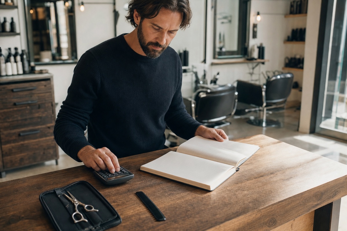 Generated editorial photograph: a salon owner reviews an unmarked planning ledger with a calculator, protected closed shear, and black comb at a working salon station.