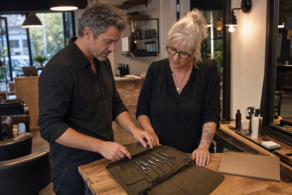 Generert redaksjonelt fotografi: To salongfagfolk gjennomgår et beskjedent inventar av lukkede saksverktøy etter behandling.