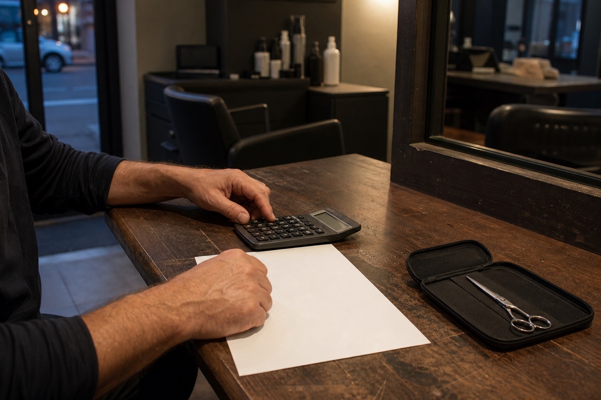 Generated editorial photograph: a salon owner calculates at a working salon table beside a blank worksheet and one closed shear in a protective case.