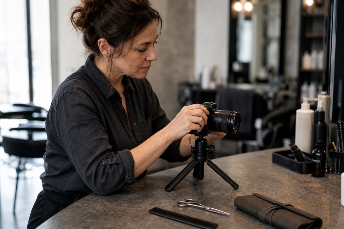 Generert redaksjonelt fotografi: en erfaren stylist justerer et kompaktkamera ved siden av en lukket klippesaks, en svart kam og en nøytral verktøyrulle på en fungerende salongstasjon.