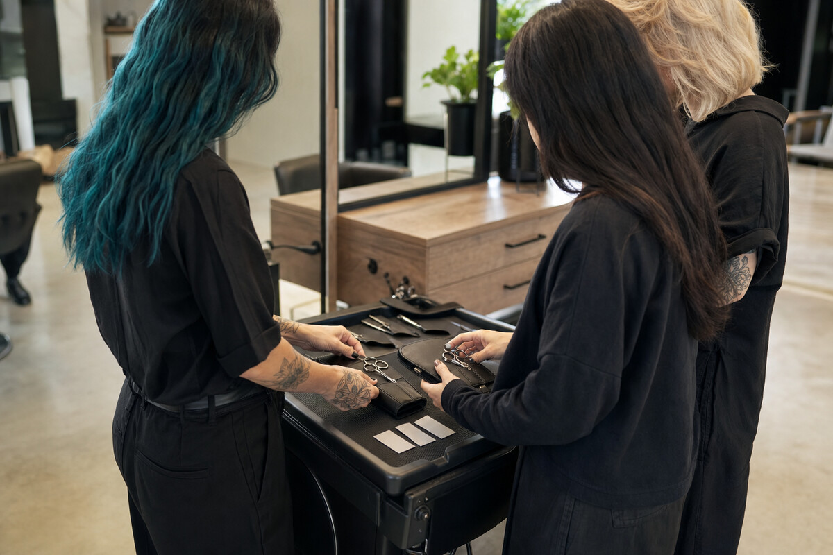 Generated editorial photograph: three salon professionals prepare separate closed unbranded cutting shears, cases, combs, and blank check cards at a rolling salon station.