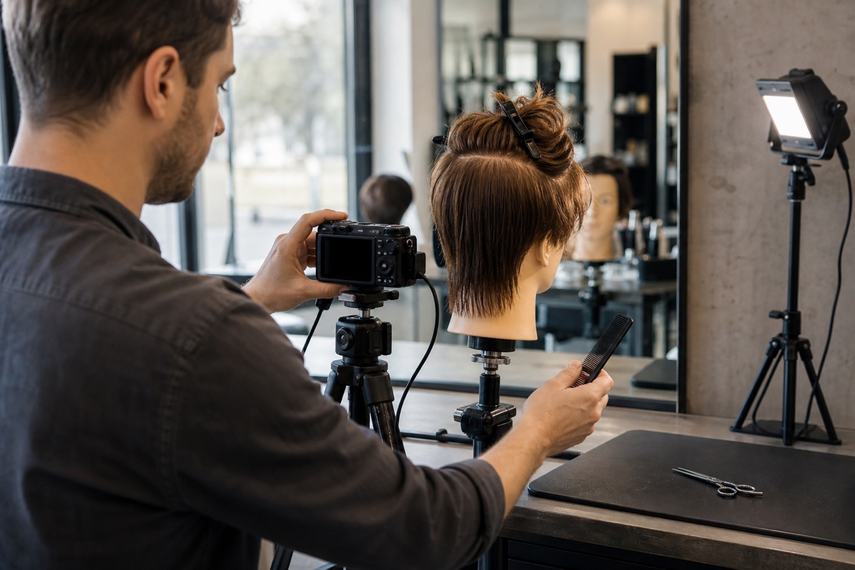 Generert redaksjonelt fotografi: en stylist rammer inn en utstillingsdukke med et kompaktkamera og en kam ved en salongs treningsstasjon mens en lukket saks hviler trygt på arbeidsmatten.
