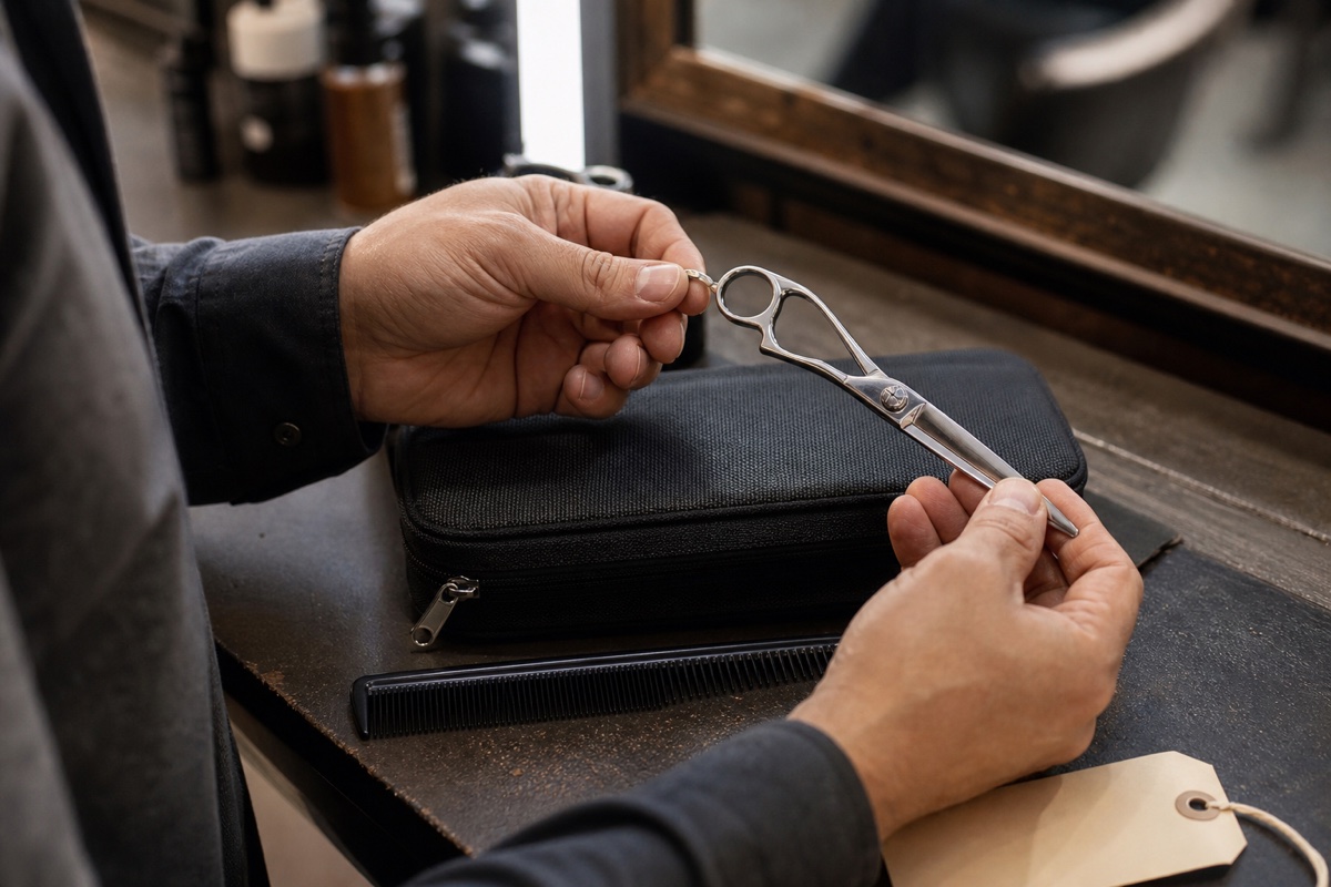 Generated editorial photograph: an experienced stylist examines one closed cutting shear beside a durable case, black comb, and blank condition tag at the end of a salon day.