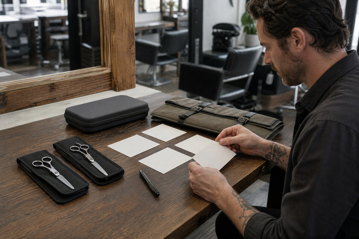 Generated editorial photograph: a working stylist reviews two closed unbranded shears in separate padded sleeves beside blank decision cards, a tool roll, and a hard case.