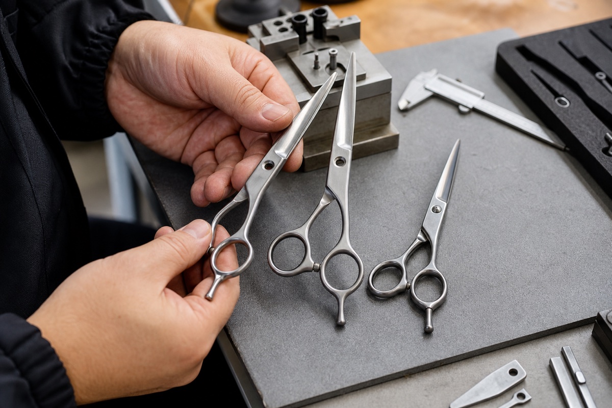 Generated editorial photograph: a technician compares unbranded stainless-steel shear components and one finished closed cutting shear beside a simple fixture and caliper.